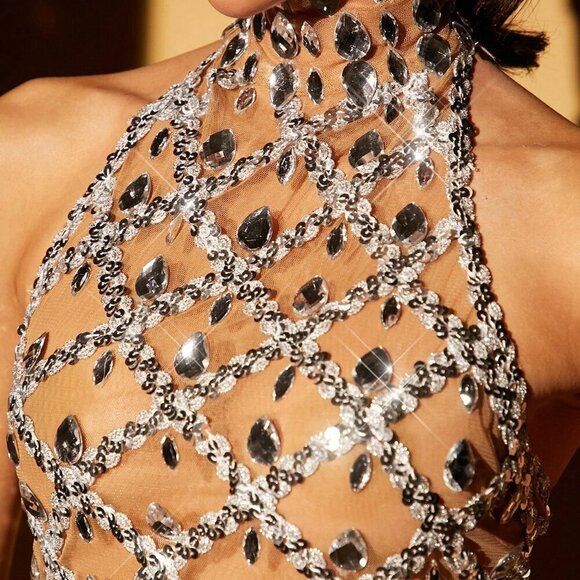 White Party Women's Sequin Rhinestone Diamond Mesh Backless Halter Crop Top - Picture 3 of 7